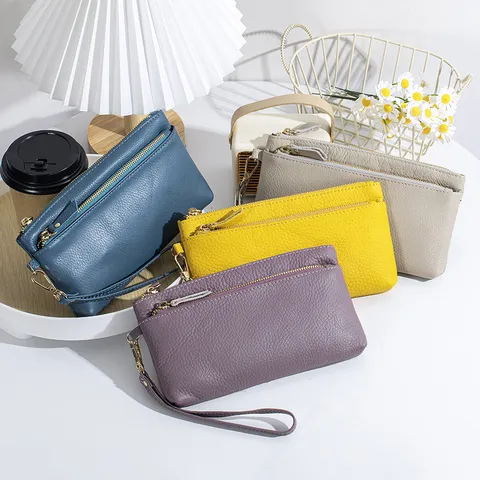 Pochette pour Femmes en Cuir Véritable Grande Capacité Long Portefeuille Motif Lychee Cuir de Vachette Double Fermeture Éclair Sac à Main