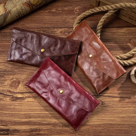 Portafoglio Lungo in Pelle di Vacchetta Vintage da Uomo Busta a Mano in Pelle Conciata al Vegetale con Texture Stroicciata
