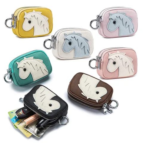 Women Cartoon Pony First Layer Cowhide Coin Purse Double Zipper Mini Wallet With Metal Clasp Lychee Pattern Small Change Bag