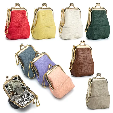 Mini Portamonete da Donna in Vera Pelle di Vacchetta di Primo Strato Vintage Chiusura Kiss-Lock Motivo Litchi Borsa Porta Gioielli Con Catena