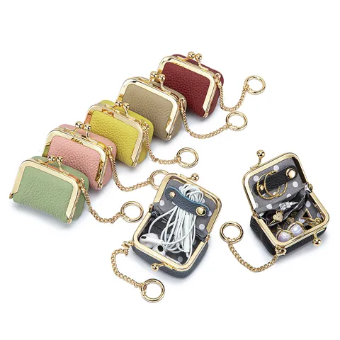 Mini Top Grain Leather Jewelry Organizer Pouch With Gold Chain Keyring Litchi Pattern Small Coin Purse Portable Accessory Case