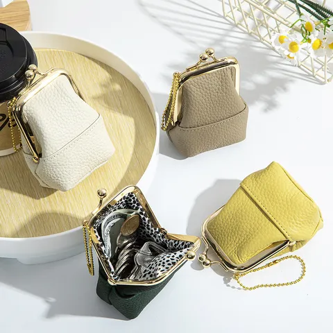 Mini Portamonete da Donna in Vera Pelle di Vacchetta di Primo Strato Vintage Chiusura Kiss-Lock Motivo Litchi Borsa Porta Gioielli Con Catena
