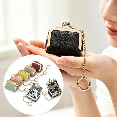 Mini Top Grain Leather Jewelry Organizer Pouch With Gold Chain Keyring Litchi Pattern Small Coin Purse Portable Accessory Case