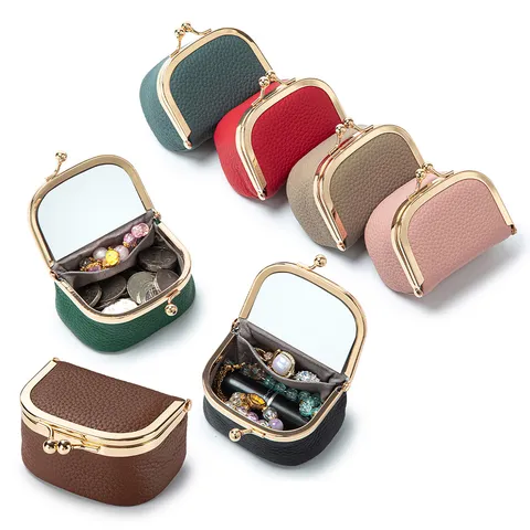 Mini-Schmuckkästchen Aus Echtem Kopfschicht-Rindsleder Tragbares Reise-Schmucketui Mit Integriertem Spiegel Kleiner Lippenstift-Organizer Litschikorn-Beutel Für Ringe Ohrringe