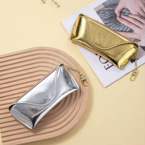 Genuine Leather Crack Texture Sunglasses Case For Women Portable Top Layer Cowhide Glasses Bag With Metal Chain Metallic Finish Fashion Eyewear Protector