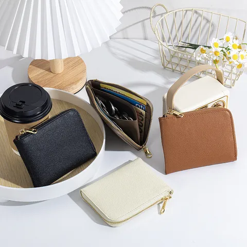 Genuine Leather Cross Pattern Coin Purse First Layer Cowhide Minimalist Ultra Thin Card Slot Wallet L Zipper Small Money Clip