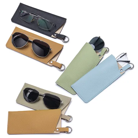 Top Grain Cowhide Slim Glasses Bag Portable Sunglasses Protector With Hanging Buckle Minimalist Eyewear Case For Women