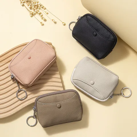 Damen Mini Lychee Muster Echtes Rindsleder Münzbörse Mit Schlüsselanhänger Kleine Leder Geldbörse Multifunktionale Kartenhalter Reißverschlussbeutel