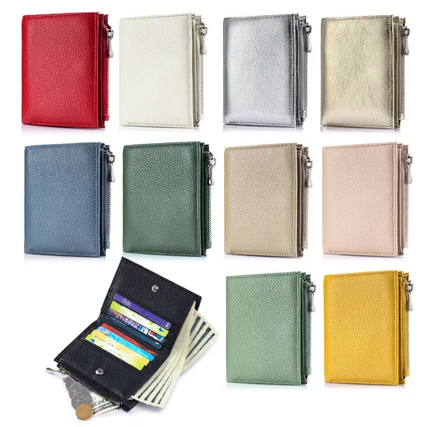 Portefeuille pour Femmes en Cuir Véritable Court en Cuir de Vachette Galeté avec Poche à Monnaie Zippée Multi Emplacements Minimaliste
