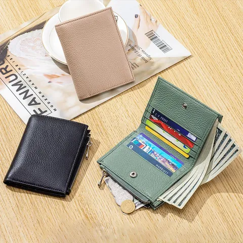 Portefeuille pour Femmes en Cuir Véritable Court en Cuir de Vachette Galeté avec Poche à Monnaie Zippée Multi Emplacements Minimaliste