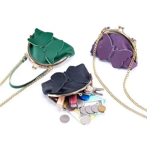 Porte-monnaie Papillon en Cuir de Vachette pour Femmes Mini Sac à Bandoulière Chaîne Motif Litchi Fermoir à Baiser Petit Portefeuille
