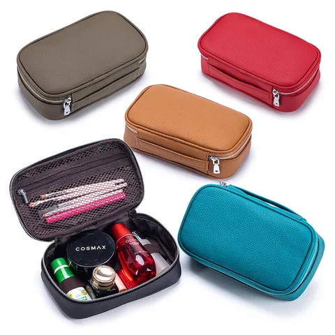 Top-Grain-Rindsleder Kosmetiktasche Große Kapazität Reise-Kulturbeutel-Organizer Handtasche Litschi-Muster Einfarbige Aufbewahrungstasche
