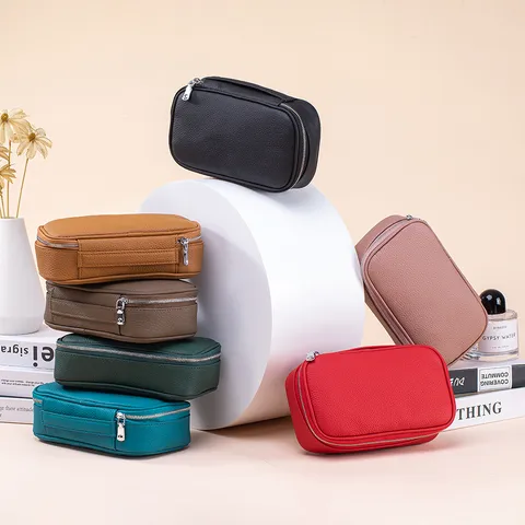 Top-Grain-Rindsleder Kosmetiktasche Große Kapazität Reise-Kulturbeutel-Organizer Handtasche Litschi-Muster Einfarbige Aufbewahrungstasche