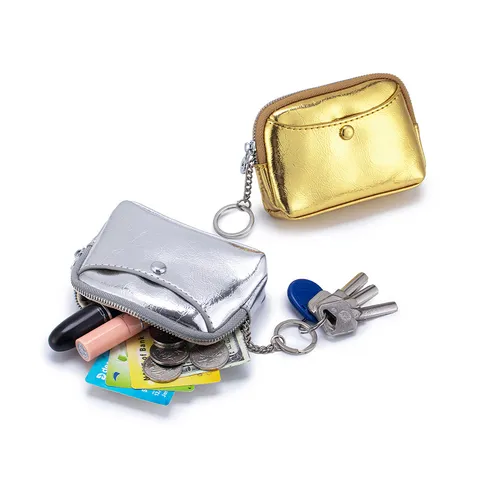 Women First Layer Cowhide Leather Coin Purse Metallic Crackle Pattern Mini Wallet With Keychain Round Ring Zipper Handbag