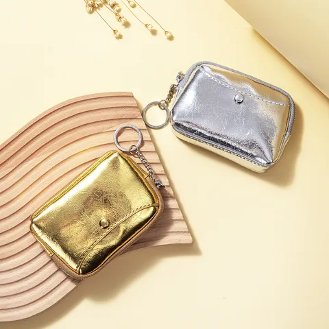Women First Layer Cowhide Leather Coin Purse Metallic Crackle Pattern Mini Wallet With Keychain Round Ring Zipper Handbag