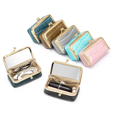 Echtleder Krokodilmuster Lippenstift Tasche Multifunktionale Schmuck Aufbewahrungsbox Spiegel Tragbare Rindsleder Kussverschluss Beutel Damen