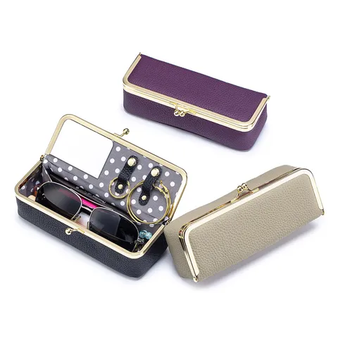 Portable Top Grain Cowhide Genuine Leather Glasses Case Litchi Grain Kiss-lock Jewelry Box Cosmetic Makeup Bag For Women Travel Storage Organizer