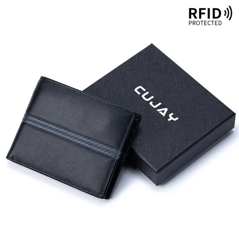 Men Short Striped Wallet Genuine Top Grain Cowhide Leather RFID Blocking Bi-fold Purse With Gift Box Business Fashion Card Holder