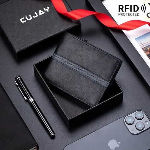 Men Short Striped Wallet Genuine Top Grain Cowhide Leather RFID Blocking Bi-fold Purse With Gift Box Business Fashion Card Holder