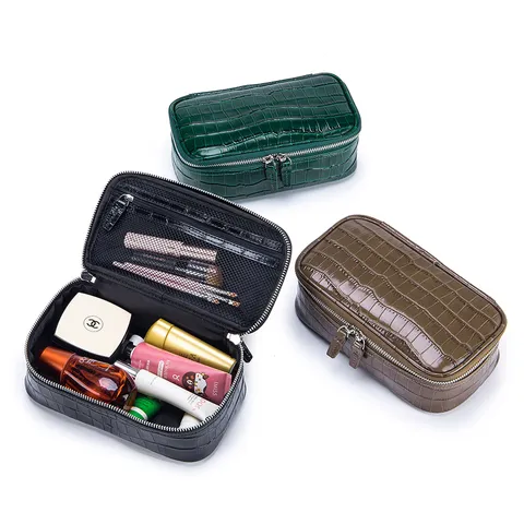 Crocodile Pattern First Layer Cowhide Makeup Bag Large Capacity Travel Toiletry Organizer Portable Leather Carry Case