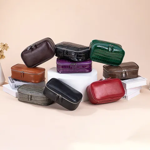 Crocodile Pattern First Layer Cowhide Makeup Bag Large Capacity Travel Toiletry Organizer Portable Leather Carry Case