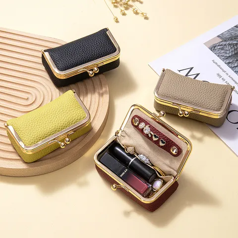 Mini Genuine Leather Jewelry Organizer Pouch Portable Lipstick Case Coin Purse With Metal Kiss Lock For Women