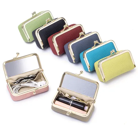 Mini Echtleder Kussverschluss Lippenstift Box Tragbares Schmuck Aufbewahrungsetui Mit Spiegel Retro Kleine Zubehörtasche Organizer Für Damen