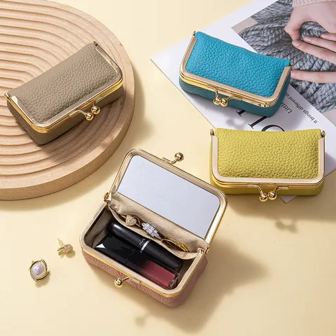 Mini Echtleder Kussverschluss Lippenstift Box Tragbares Schmuck Aufbewahrungsetui Mit Spiegel Retro Kleine Zubehörtasche Organizer Für Damen