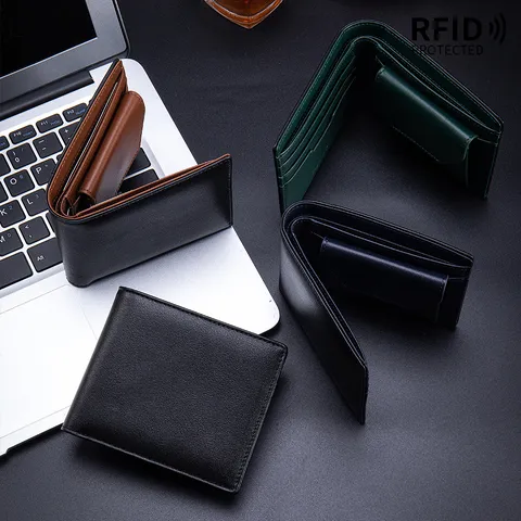 Herren Kurz-Bifold Brieftasche Aus Echtem Rindsleder RFID-Schutz Business-Geldbeutel Mit Münzfach Mehrere Kartenfächer Schlanker Geldbeutel