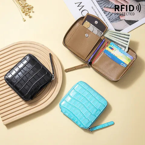Cartera de Cuero de Vaca con Patrón de Cocodrilo para Mujer Corta con Cremallera Protección RFID Portatarjetas Monedero