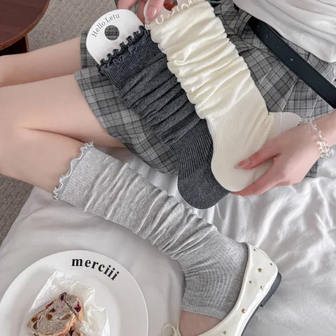 Women Sweet Ruffle Leg Warmers Thin Breathable Slouchy Socks Cotton Knitted Stirrup Foot Covers For Spring Summer