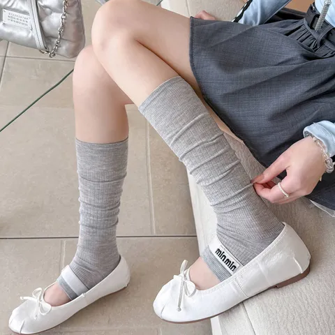 Women Minimalist Ribbed Knit Stirrup Calf Socks Ultrathin Solid Color Breathable Slouch Leg Warmers Sweet Casual Footwear Comfort Accessories