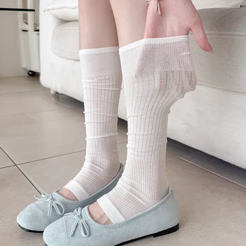 Women Minimalist Ribbed Knit Stirrup Calf Socks Ultrathin Solid Color Breathable Slouch Leg Warmers Sweet Casual Footwear Comfort Accessories