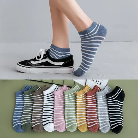 Damen Gestreifte Baumwolle Füßlinge Low Cut Sommer Atmungsaktiv Preppy Stil Japanische Kurze Socken Daily Freizeit Mode