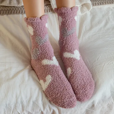 Women Sweet Japanese Coral Fleece Socks Winter Thickened Warm Plush Home House Floor Socks Heart Dot Pattern Sleeping Socks