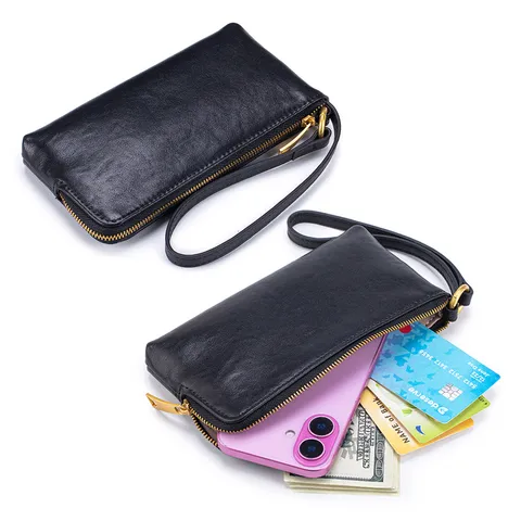 Vintage Vegetable Tanned Genuine Leather Long Wallet For Women Large Capacity Zipper Clutch With Wrist Strap Multiple Card Slots Fashion Phone Purse