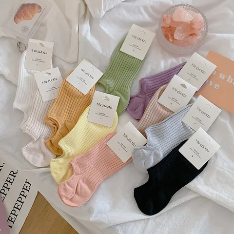Damen Füßlinge Unsichtbar Baumwolle Rippenstrick Rutschfest Silikon Dopamin Farben Dünn Sommer Atmungsaktiv Socken