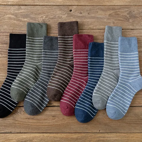 Men's Combed Cotton Striped Crew Socks Retro Streetwear Ribbed Cuffs Mid Calf Sports Casual Socks Autumn Winter