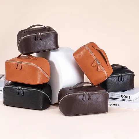 Große Kapazität Vegetabil Gegerbtes Kopfschicht Rindsleder Kosmetiktasche Tragbare Reise Kulturbeutel Handtasche Für Damen