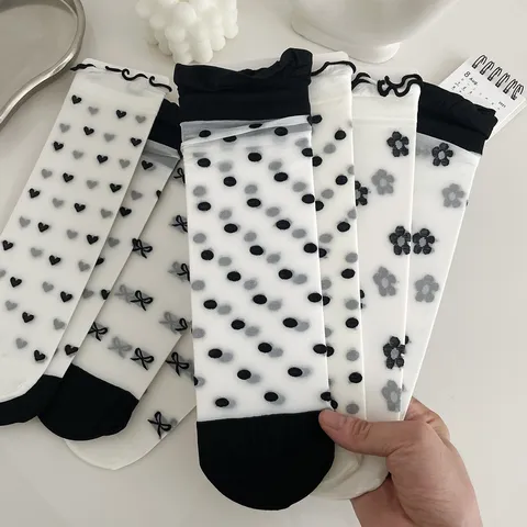 Chaussettes Courtes Mignonnes en Maille Transparente pour Femmes Bloc de Couleur Nœud Papillon Cœur Pois Floral Imprimé Minces Respirantes Printemps Été