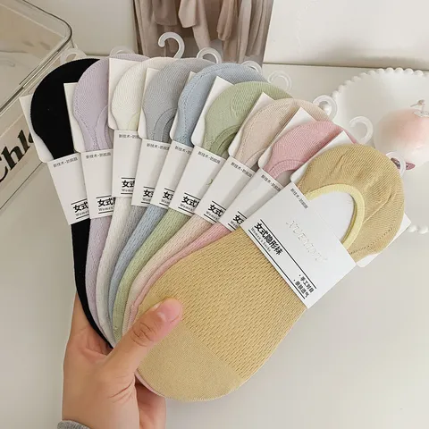 Damen Füßlinge Unsichtbare Bootssocken Baumwollmischung Atmungsaktiv Mesh Ausschnitt Rutschfest Silikon Einfarbige Socken