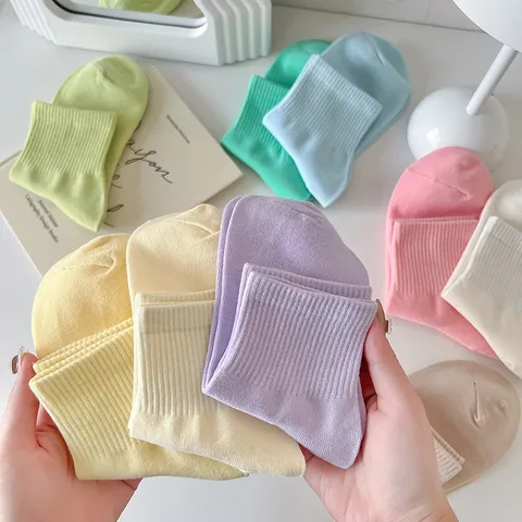 Damen Baumwollsocken Wadenhoch Macaron Einfarbig Rippen Atmungsaktiv Weich Lässig Preppy Stil Sommer Mode Socken
