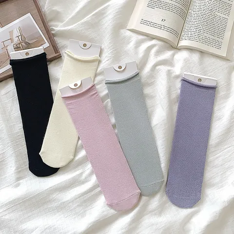 Damen Japanisch Lässig Baumwolle Slouch Socken Einfarbig Rollrand Wadenhoch Socken Atmungsaktiv Alltäglich Socken Für Damen