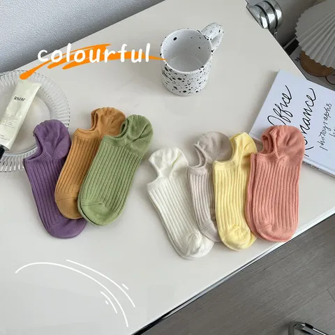 Damen Baumwolle Bootssocken Unsichtbare Flache Mund Süßigkeiten Farbe Macaron Gerippt Gestreift Atmungsaktiv Lässig Täglich