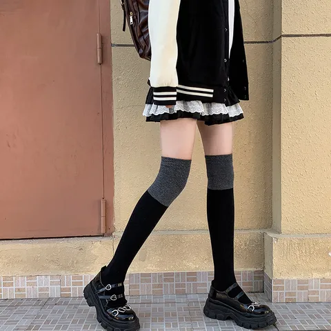 Medias Altas Sobre la Rodilla Estilo Preppy Japonés Mujer Otoño Invierno Cálido Algodón Bloque de Color Calcetines JK Escuela Adelgazante