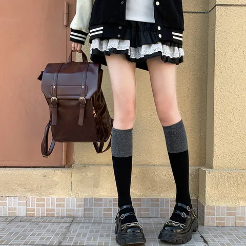 Medias Altas Sobre la Rodilla Estilo Preppy Japonés Mujer Otoño Invierno Cálido Algodón Bloque de Color Calcetines JK Escuela Adelgazante