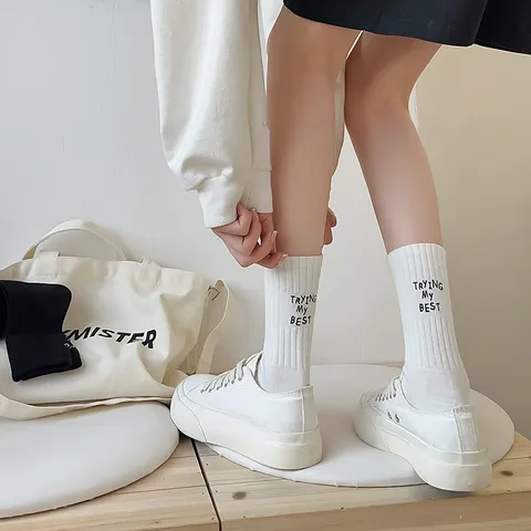 Women Minimalist Cotton Embroidered Letter Mid-Calf Casual Sport Socks Cozy Breathable Sweat-Absorbent Athletic Skateboard Socks