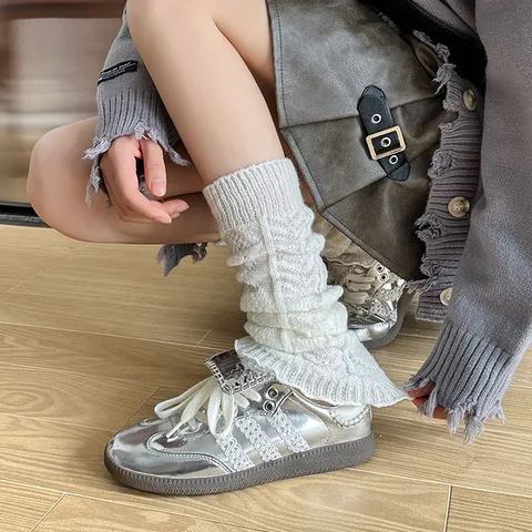Women Winter Fleece Lined Cable Knit Leg Warmers Japanese College Style Y2K JK Boot Cuffs Solid Color Warm Foot Covers