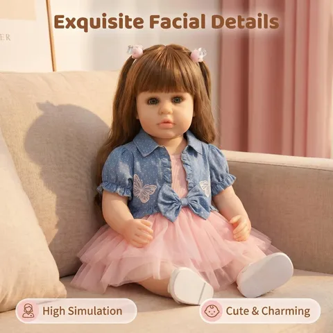 Realistic Reborn Baby Doll Full Vinyl Body Lifelike Reborn Girl Doll With Denim Jacket Pink Mesh Skirt Brown Long Hair Gift For Kids