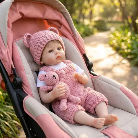 Realistic Reborn Baby Doll 22 Inch Realistic Vinyl Cloth Body Girl Toy Pink Knitted Romper Set With Mini Plush Bear Toy For Kids Birthday Gift